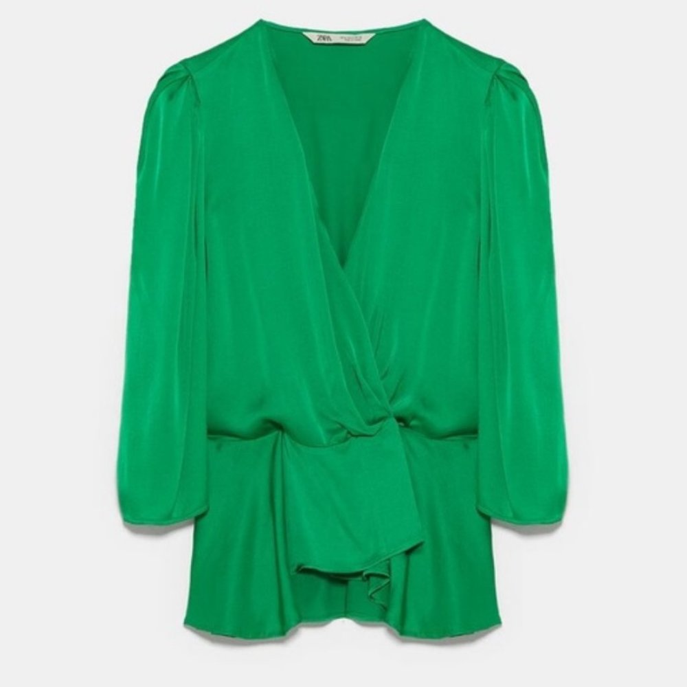 ZARA New Satin Wrap Blouse - Emerald Green - S - Picture 6 of 6